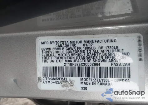 2003 Toyota Corolla Ce from USA, damaged, VIN 2T1BR32EX3C002664